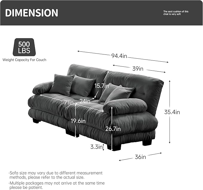 94.4 Modular Cloud Sectional Sofa with Chenille Plush Fabric - 2 Seater Couch with Deep Seat for Living Room Apartment and Office - Grey