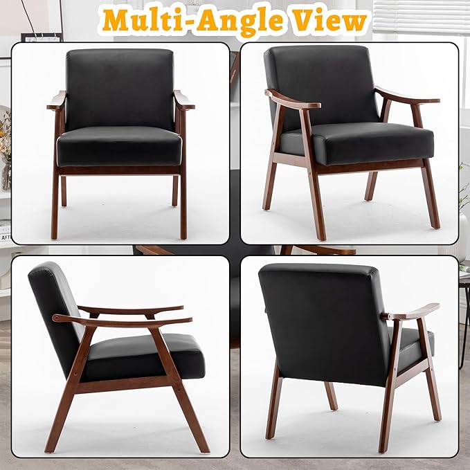 Mid Century Modern Accent Chair Upholstered Armchair Comfy with Wood Legs Siting Chair with Soft Cushion PU Leather Side Chairs for Living Room Bedroom Office (PU Leather Black)