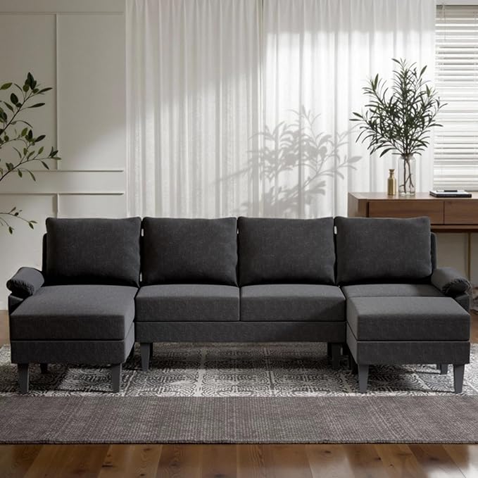 Sectional Couches for Living Room Furniture Sets 4 Seat L Shaped Couches with Ottoman Modular Sectional Sofa for Apartment Furniture Sets Linen Black