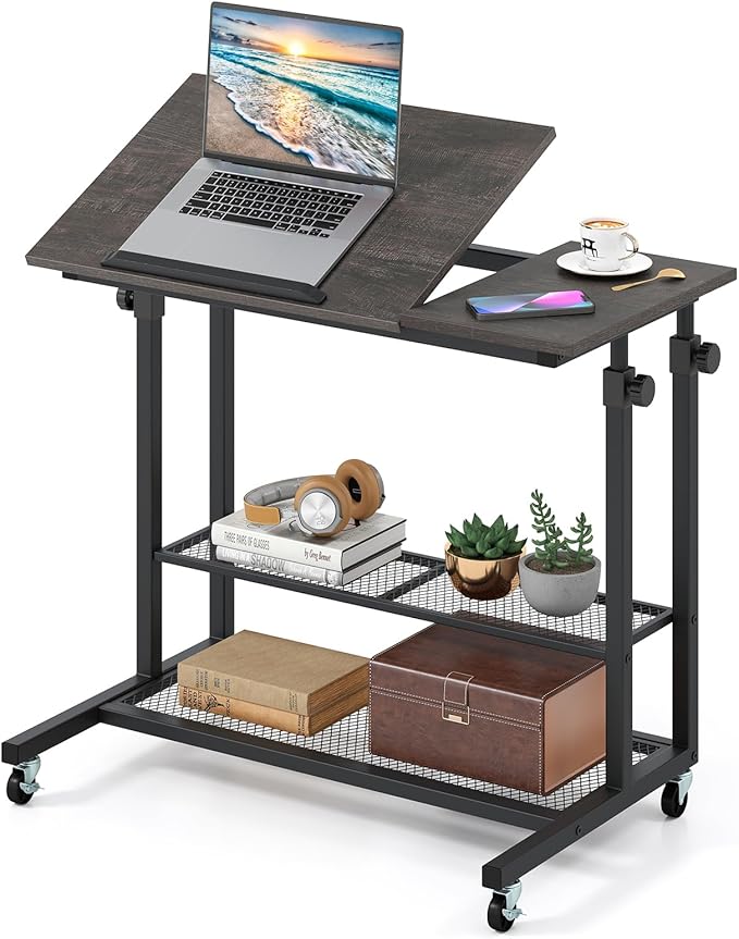Giantex Mobile Standing Desk Adjustable Rolling Computer Desk w/Tilting Desktop &amp Storage Shelves PC Laptop Table Small Compact Desk on Wheels for Small Space Living Room &amp Bedroom (Black