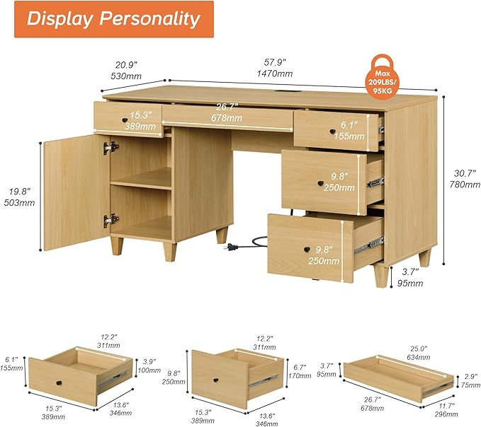 WAMPAT Wood Desk with Drawers &amp Storage Cabinet 58 Inch Modern Wooden Executive Desk with Charging Station Home Office Large Computer Desk Work &amp Study Writing Desk Oak Wood