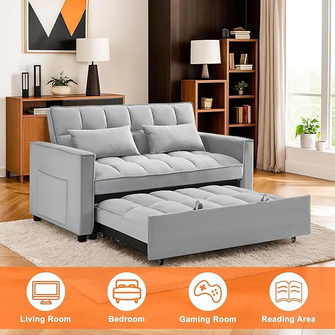 3 in 1 Convertible Sleeper Sofa BedFuton Couch with Pull-Out Bed &amp Adjustable BackrestVelvet Fabric Loveseat Sleeper with Side Pocket for Small Apartment Living Room Office (Light Grey) | Adju