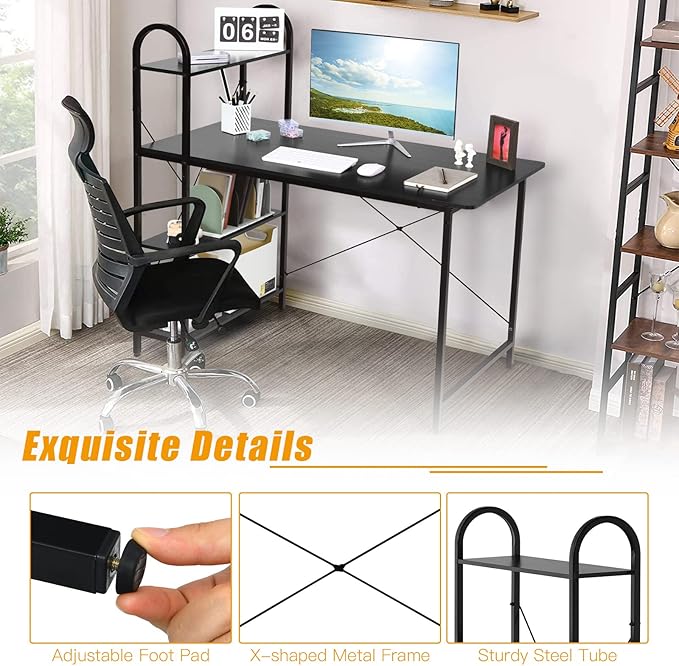 Tangkula 48-Inch Reversible Computer Desk with Storage Shelves Home Office Study Writing Desk with Bookshelves Writing Computer Workstation Home Office Desk (Black)