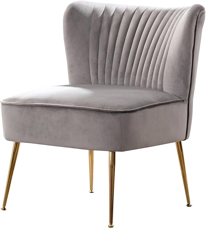 WO Home Furniture 25 Wide Tufted Velvet Accent Chair with Rust Resistant Golden Metal Legs Premium Quality Rust Resistant Seat for Your Den Living Room Bedroom Inside Area (Gray)