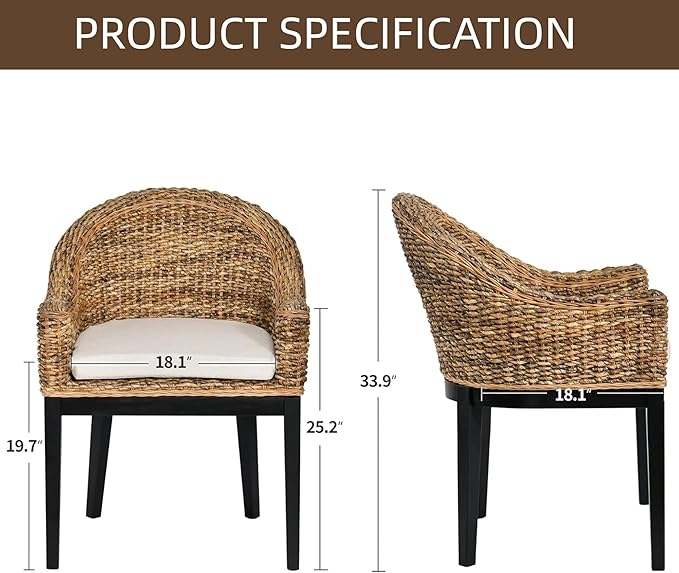 DUHOME Rattan Accent Chair - Modern Armchair with Natural Rattan Armrest Black Solid Wood Legs &amp Inset Beige Cushion Leisure Chair for Balcony Living Room