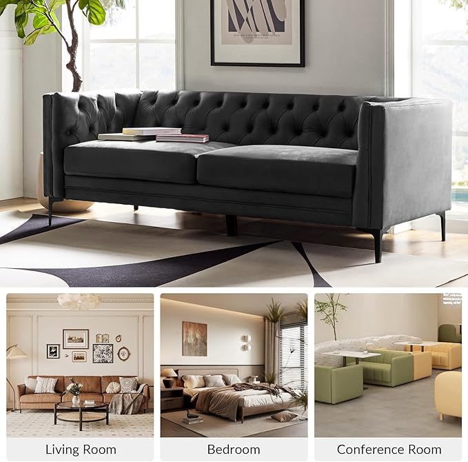 HULALA HOME 84 W Faux Leather Sofa Couch with Metal Legs Button-Tufted 3-Seater Sofa Mid Century Modern Contemporary Upholstered Couch for Living Room Apartment Charcoal