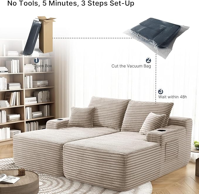 69 Oversized Boneless Sofa Bed Double Chaise Lounge Chair Indoor Plush Corduroy Sectional Couches for Living Room Comfy Cloud Couch No Assembly(Camel)