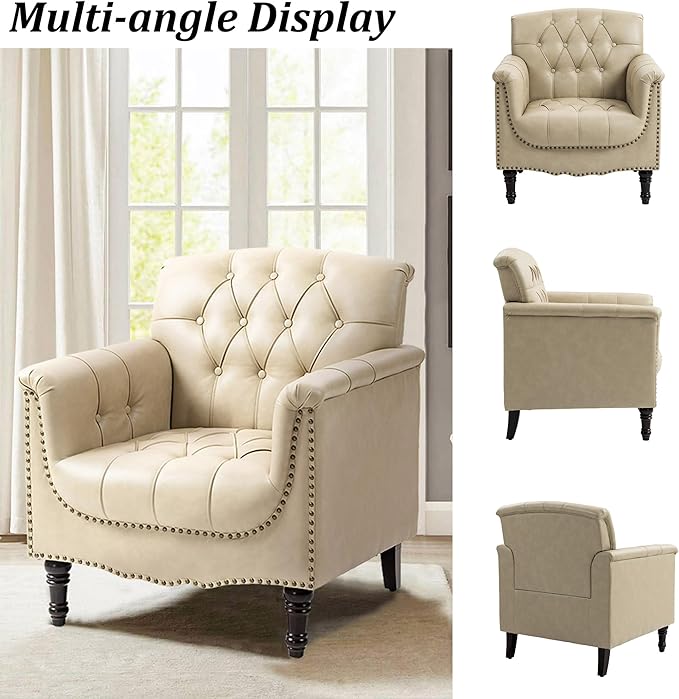 Faux Leather Accent Chair PU Leather Modern Comfy Upholstered Armchair with Wood Legs &amp Nailhead Trim for Living Room Bedroom (BeigeSet of 1)