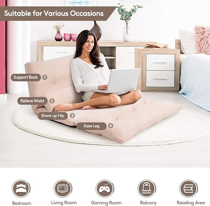 Giantex Adjustable Floor Sofa Couch with 2 Pillows Multi-Functional 6-Position Foldable Lazy Sofa Sleeper Bed Multi-Functional Suede Floor Seating for Reading Gaming (Beige)