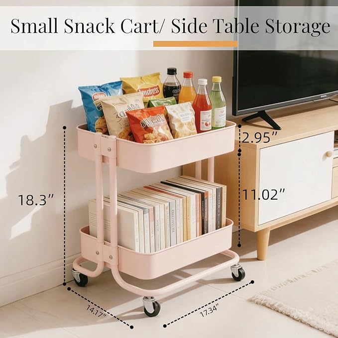 2 Tier Rolling Cart with Wheels for Under Desk Storage Pink Small Rolling Pantry Storage Cart for Small Space Metal Short Utility Shelf for Vanity Kitchen Bathrrom Laundry Organization