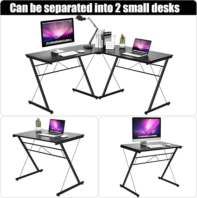 GRAFFY L-Shaped Computer Desk - Gaming Corner Workstation with Large Monitor Stand Round Corner Multifunctional Home Office Desk (Black)