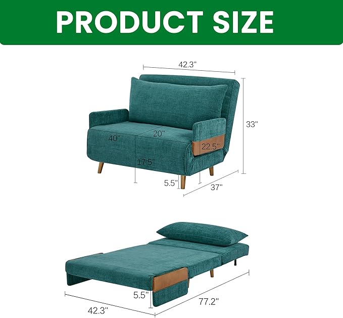 3-in-1 Convertible Sofa Bed Futon Loveseat Couch with Pillow Adjustable Backrest and Removable Armrests Recliner Sleeper Sofa for Small Spaces Living Room Bedroom or Office Peacock Blue