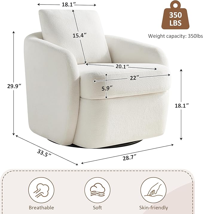 Swivel Barrel Chair Cloud 360° Upholstered Armchair with Removable Throw Pillow for Living Room Bedroom Modern Comfy Single Sofa Chairs Fully Assembled Set of 2 White