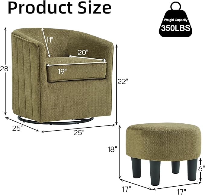 CANMOV Swivel Accent Chair for Multi-Scene Use 360 Degree Club Chair with Ottoman Set Comfy Fabric Barrel Reading Chairs with Simple Line Design for Living Room Bedroom Round Reading Chair Green