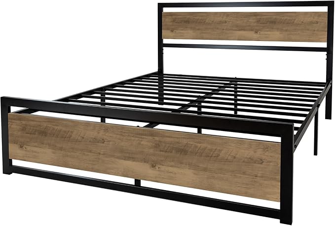 SHA CERLIN Queen Size Bed Frame with Modern Headboard Heavy Duty Platform Metal Base with Square Footboard and 13 Strong Slats Support No Box Spring Needed Brown