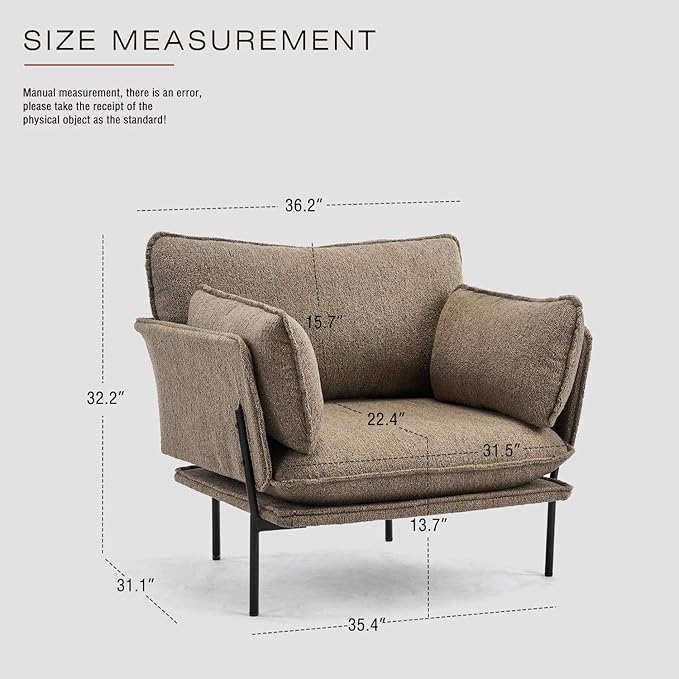Modern Boucle Accent Chairs Set of 2 for Living Room ChairsOversized Upholstered Reading Chair Lounge Armchair with Sturdy Metal LegsComfy Single Sofa Chair for Living RoomWaiting Room（Brown）