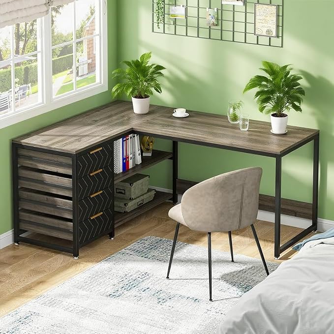 59-Inch Reversible L-Shaped Desk with Drawers &amp Shelves Corner Computer Desk Workstation for Home Office Grey