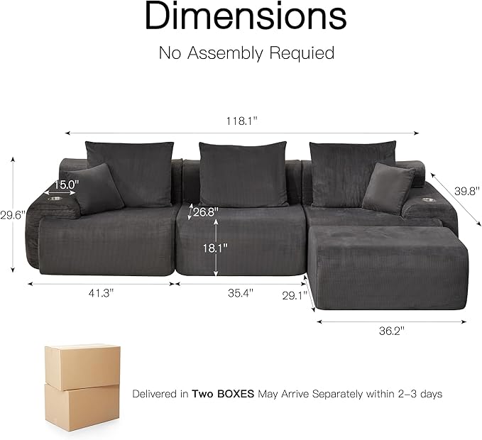 HOMREST 118 L-Shaped Modular Sectional Sofa for Living Room Corduroy Upholstery Cloud Sofa with Movable Ottoman Oversized Boneless Couch with Deep Seat No Assembly Required (Charcoal Blue)