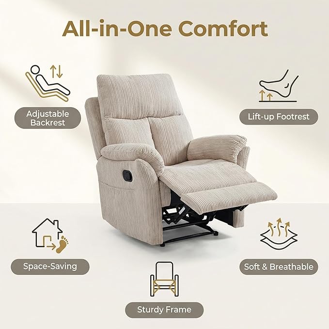 Oversized Rocker Recliner Chair Manual Swivel Rocking Recliners with Adjustable Backrest Footrest for Adults 360° Swivel Lazy Boy Recliner Chairs for Living Room Reading Bedroom Beige