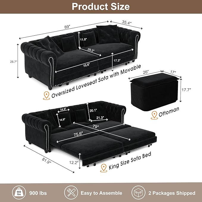 Oversized Sleeper Sofa Couch 89 Convertible Sleeper Sofa Bed for Living Room Bedroom Classic 3-in-1 Pullout Couch Bed with Movable Ottoman (Black with Ottoman)