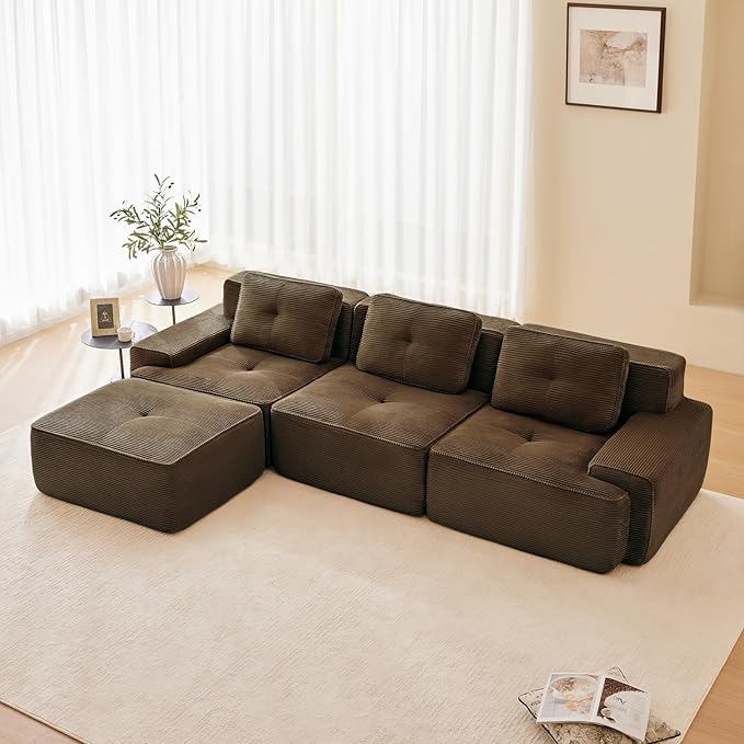 117 Modern Corduroy Cloud Sofa with Ottoman L Shaped Boneless Modular Large Sectional Couches for Living Room Brown 3 Seater Compressed Memory Foam Couch Extra Deep Seat No Assembly