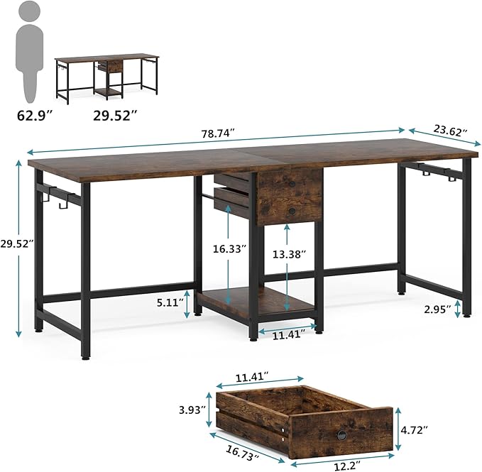 LITTLE TREE 79 Double Desk Two Person Desk with Storage Drawer Long Desk Home Office Desks for 2 Person Rustic Brown