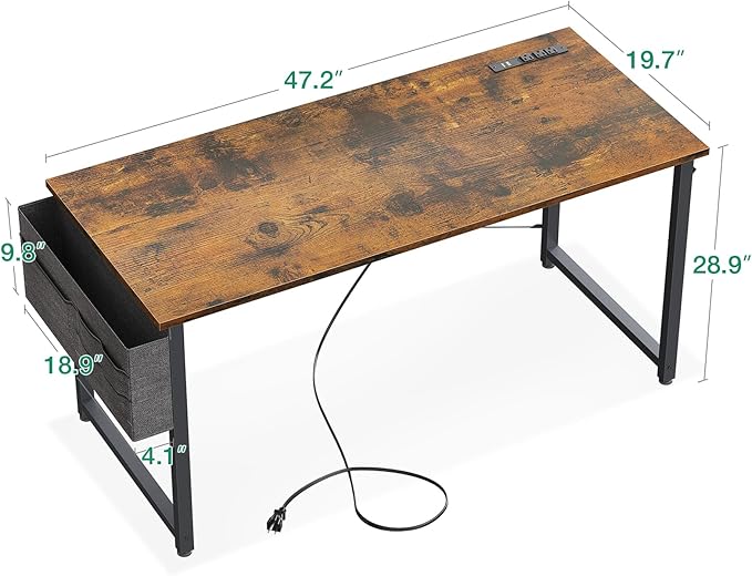 KKL Small Desk with Power Outlets and USB Port Computer Desk for Home Office Gaming Simple Modern Style Writing Desks with Storage Bag Headphone Hook 48 inch Rustic Brown