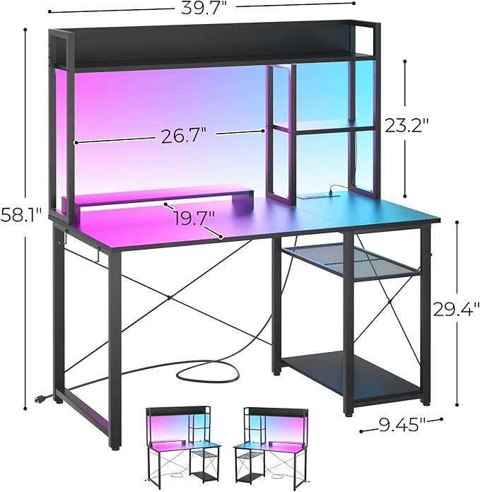 Cyclysio Gaming Desk with Hutch 39'' Computer Desk with LED Lights &amp Power Outlets Home Office Desk with Reversible 5 Tiers Storage Shelves &amp Monitor Stand Small Gaming Table for Small Spac