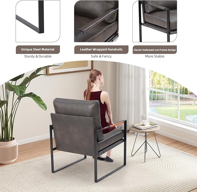 INZOY Mid Century Modern Accent Chair with Removable Cushions Set of 6 Comfy PU Leather Living Room Chairs with Thicker Backrest and Cushion Metal Frame Design Dark Grey