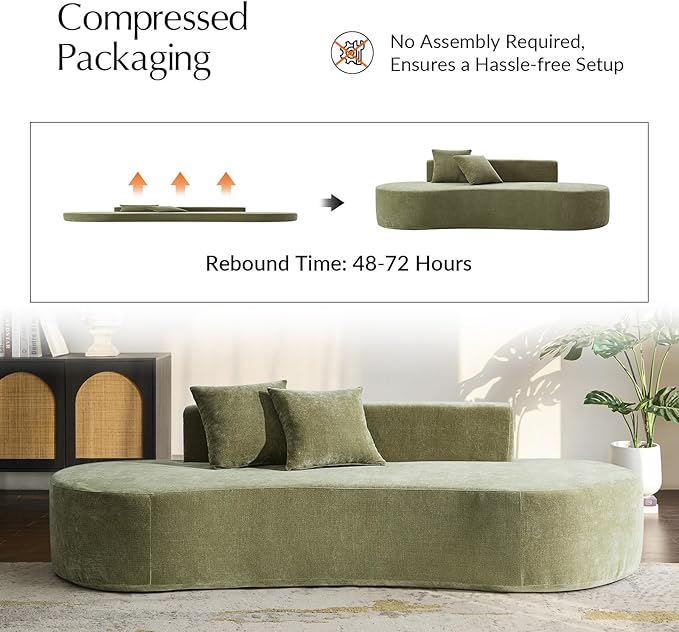 HULALA HOME 94.5 Curved Boneless Couch with Two Pillows Oversized 3 Seater Compressed Foam Sofa with Deep Seat Modern Cloud Couch for Living Room No Assembly Required Olive