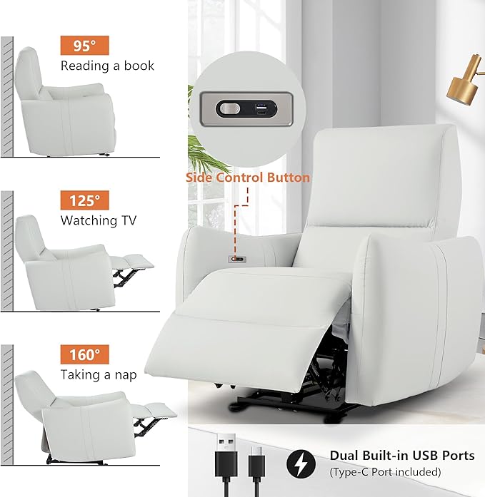 Wall Hugger Recliners for Small Spaces Zero Wall Power Recliner on ClearanceFaux Leather RV Recliner Leather Single SofaHome Theater Seating for Living Room w/USB Ports (Light-Gray)