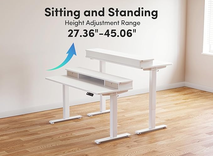 Cubiker 48 x 24 Electric Standing Desk with Double Storage Drawers Height Adjustable Home Office Computer Workstation 4 Adjustable Feet &amp 2 Hooks White