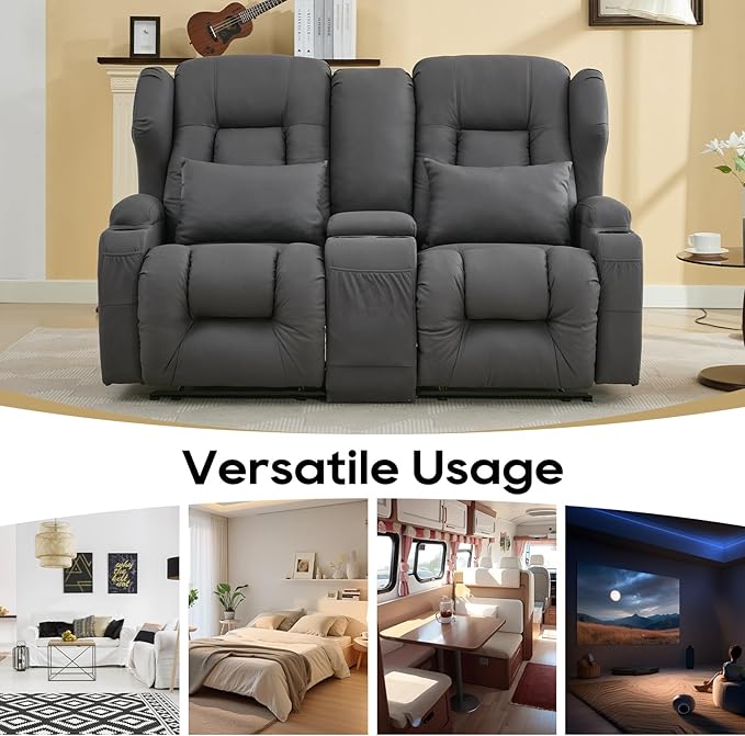 IPKIG 65 Loveseat Recliner Sofa - 2 Seater Reclining Sofa with Storge Console Side Pockets Cup Holders and Lumbar Pillows Manual Recliner Chair (Grey 65 Loveseat)