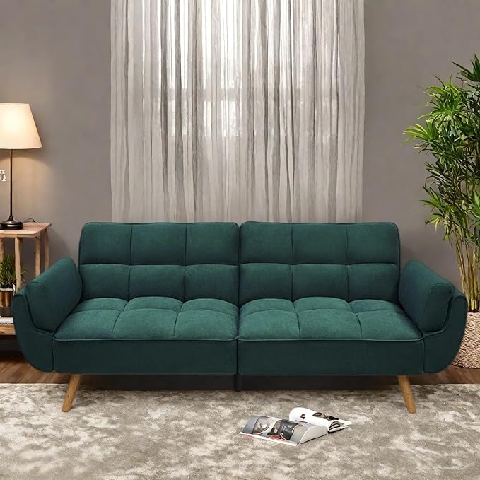 Convertible Futon Sofa Bed Modern Futon Couch with 2 Pillows Small Futons Couch with Adjustable Armrest &amp Backrest Loveseat Sofa Bed for Living Room Bedroom Green