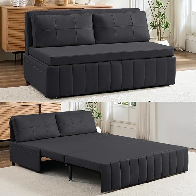 ijuicy 3 in 1 Queen Size Pull Out Sofa Bed Leathaire Sleeper Sofa with Pullout Bed Convertible Loveseat Couch with Pillows and Tri-fold Mattress for Small Spaces Apartment Dark Grey