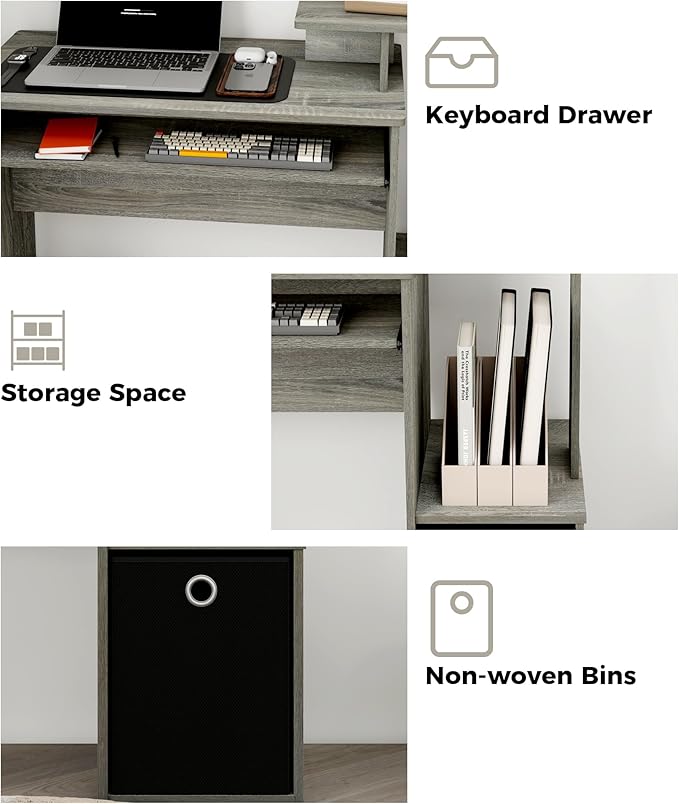Computer Desk with Drawers Study Table with Storage Shelves Keyboard Tray for Home Office Bedroom Living Room Oak Grey/Black