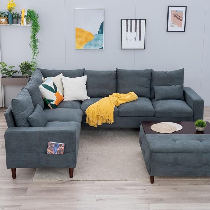 Panana Modern Upholstered L-Shape Sectional Sofa 2 Seater + 3 Seater Corner Couch for Living Room (Grey)
