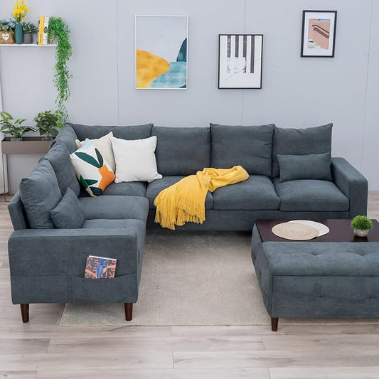 Panana Modern Upholstered L-Shape Sectional Sofa 2 Seater + 3 Seater Corner Couch for Living Room (Grey)