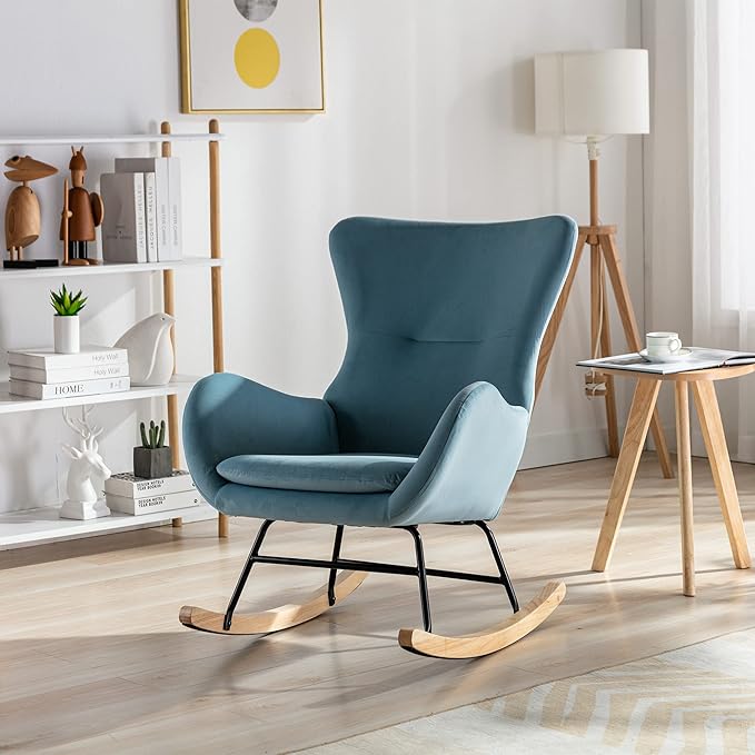 Rocking Chair Nursery Velvet Upholstered Glider Rocker Recliner Chair Padded Seat with High Backrest Armchair Reading Chair Comfy Accent Chair for Living Room Bedroom Balcony