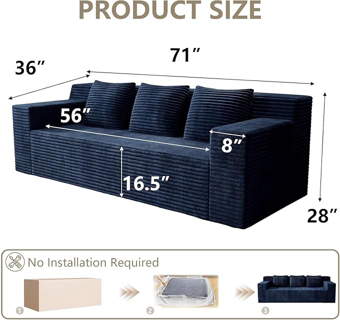 71 Cloud Boneless Loveseat Sofa Couch Bean Bag 3-Seater Couch with Memory Foam Corduroy Comfy Floor Sofa Deep Seat for Living Room Bedroom Apartment No Assembly (Blue)