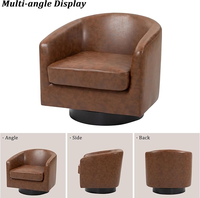 Swivel Barrel Chair Modern Round PU Leather Accent Armchair for Living Room Bedroom Oversized Comfy Club Reading Chairs for Adults (Leather Coffee Set of 1)