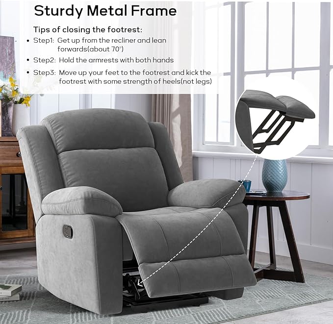 2Pcs Manual Rocker Recliner Chair Comfy Short Plush Glider Rocking Recliner with Overstuffed Lumbar Support Upholstered Reclining Sofa Chair for Living Room Grey