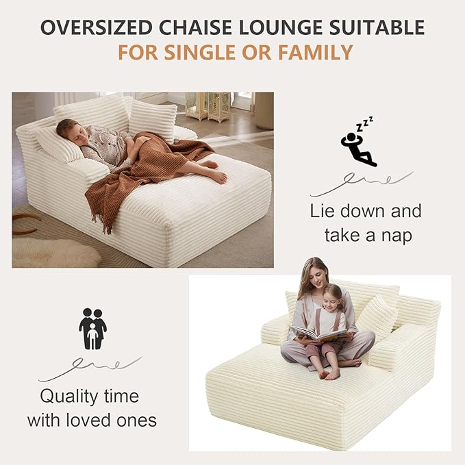 49.2 Oversized Chaise Lounge Chair IndoorCorduroy Boneless Reading Chair with 3 PillowsDeep Seat Cloud Sofa BedComfy Modern Sleeper Chairs in Box for Living Room BedroomNo Assembly(White)