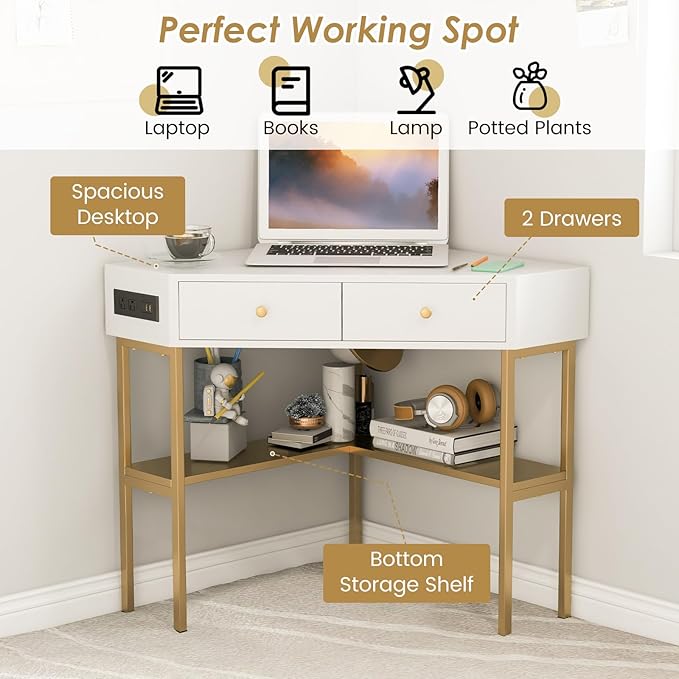 Giantex Corner Desk with Charging Station 90 Degree Triangle Computer Desk with 2 Drawers &amp Storage Shelf L-Shaped Writing Desk Makeup Vanity Table Compact Corner Desk for Small Spaces (Gold)