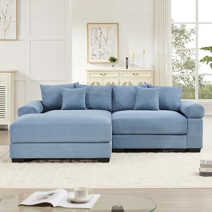 92.4 Oversized Modular Sectional Sofa Corduroy Large Sectional Couches for Living Room Love Seat Couches with 1 Movable Ottoman Modern Deep Seat Sofa Set L Shaped Blue