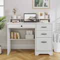 4 EVER WINNER White Desk with Drawers Home Office Desk for Bedroom Wood Desk with File Cabinet &amp Monitor Stand for Small Places White