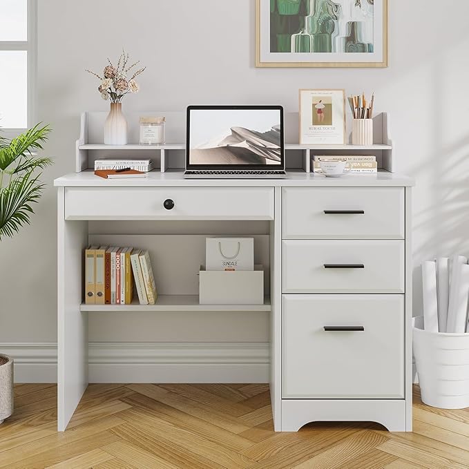 4 EVER WINNER White Desk with Drawers Home Office Desk for Bedroom Wood Desk with File Cabinet &amp Monitor Stand for Small Places White