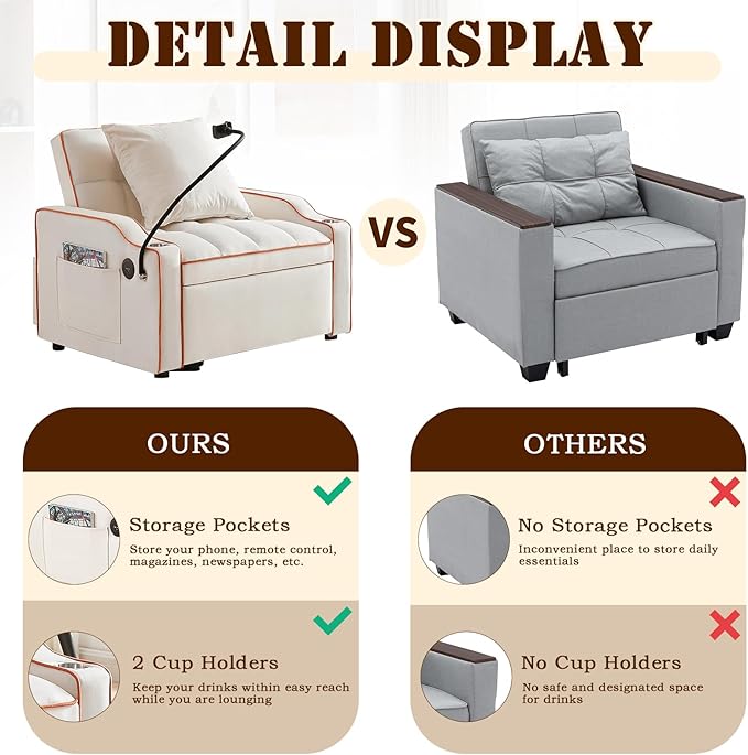 KINFFICT Sleeper Sofa Chair Bed Convertible 3-in-1 Sofa Armchair Adjustable Sleeper Chairs with Pullout Bed Single Lounger Futon Chairs with Side Pockets for Living Room (Beige)