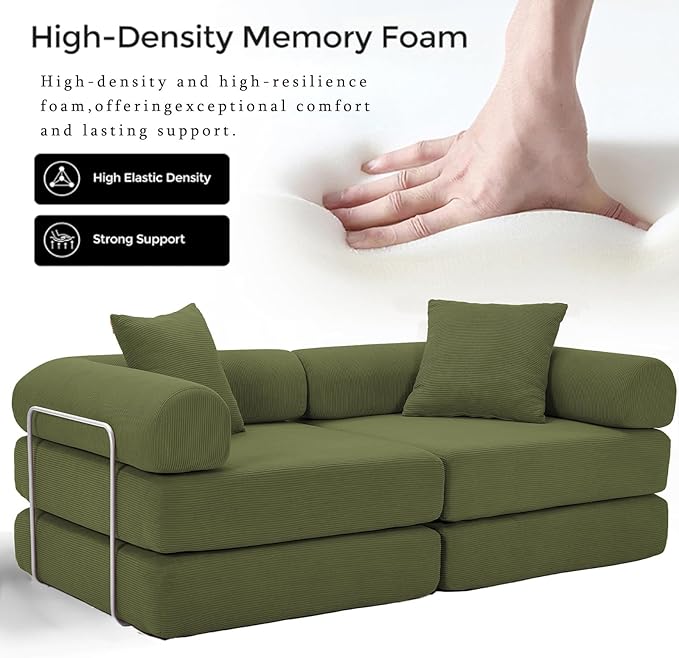 73 Convertible Modular Folding Sofa Bed 5-in-1 DIY Combination Fold Out Sleeper Sofa Bed Loveseat sleeper Couch with Removable Armrests Corduroy Floor Couch Small couches for small spaces Green