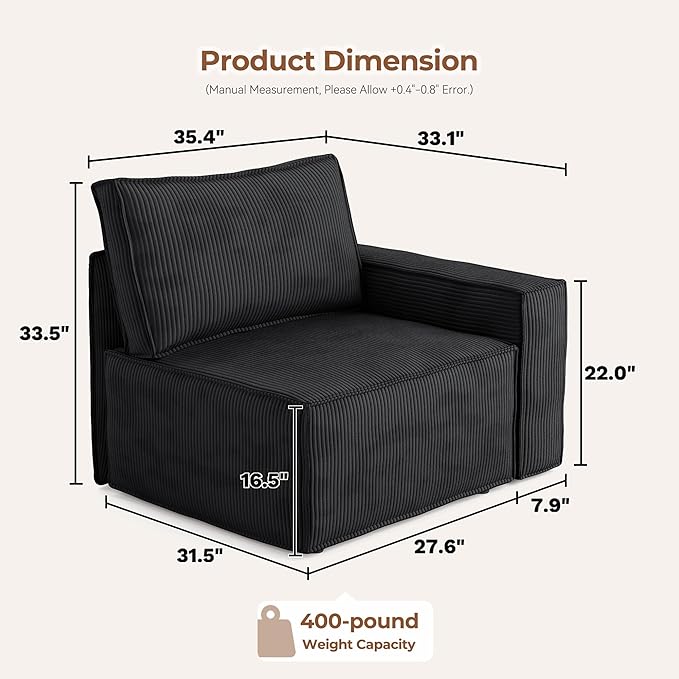 Luxuly Modular Sectional Corduroy Sofa Set L Shaped Couch Reversible Chaise Modular Sectional Couch Mix and Match Pieces Right Armrest Sofa Black